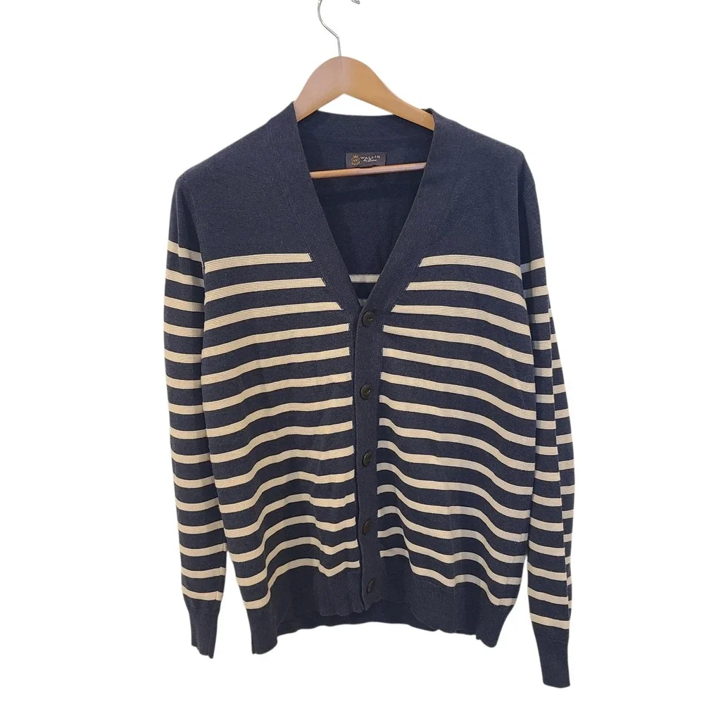 Wallin & Bros Mens Navy Blue Striped Cotton V-Neck‎ Button Cardigan Sweater L